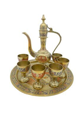 Middle Eastern Brass Tea Set Tray Teapot 6 Goblets Hand-Etched Floral Paint Vtg